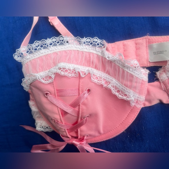 NWT vtg Coquette Y2K Baby Pink Lolita white lace up frilly bow bra delicates 34C - Picture 7 of 16